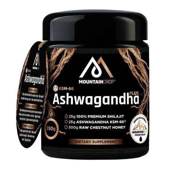 Herbalistas MountainDrop Shilajit 25g blend with Ashwagandha and raw chestnut honey, displayed in a jar with a scoop.