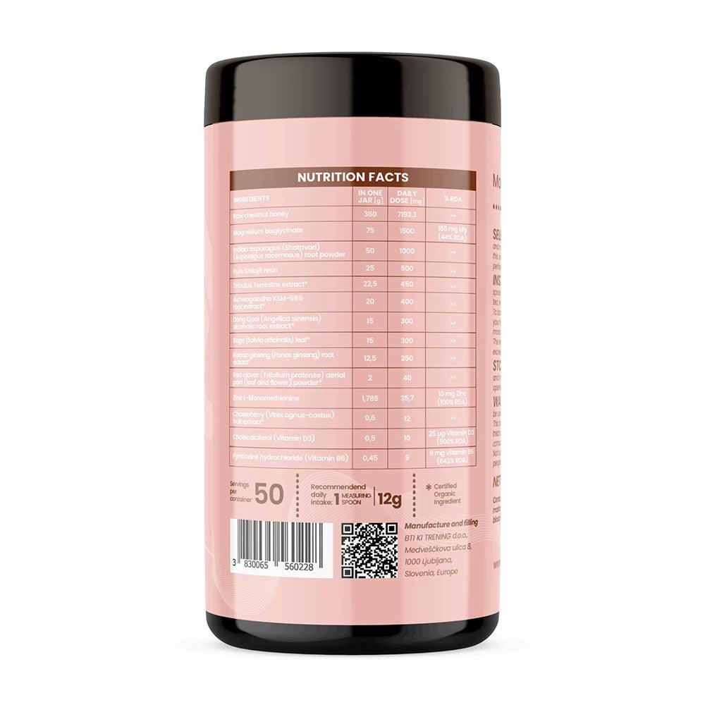 Herbalistas MountainDrop FLOURISH natural Shilajit blend supplement in 600g jar, shown with shadowed white background.