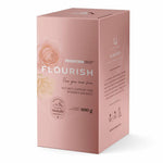 Herbalistas MountainDrop FLOURISH supplement jar with white label, 600g natural Shilajit blend for women's wellness.