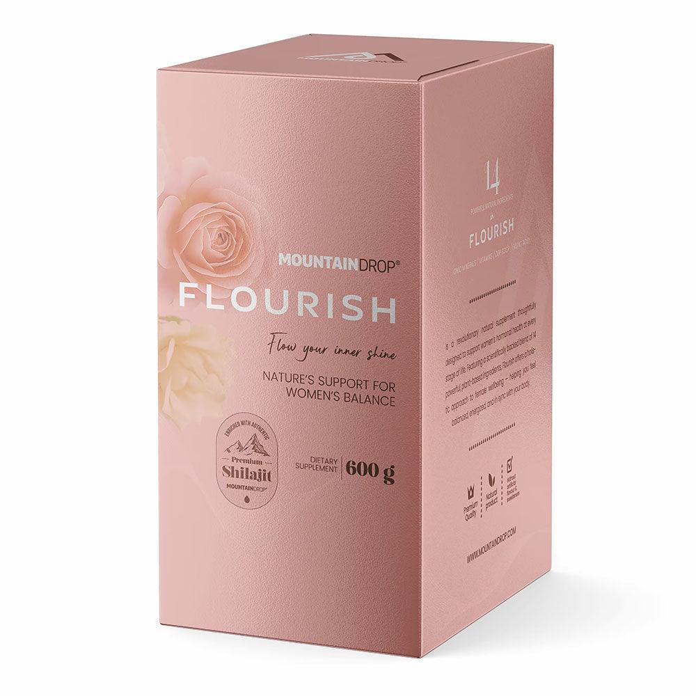 Herbalistas MountainDrop FLOURISH supplement jar with white label, 600g natural Shilajit blend for women's wellness.