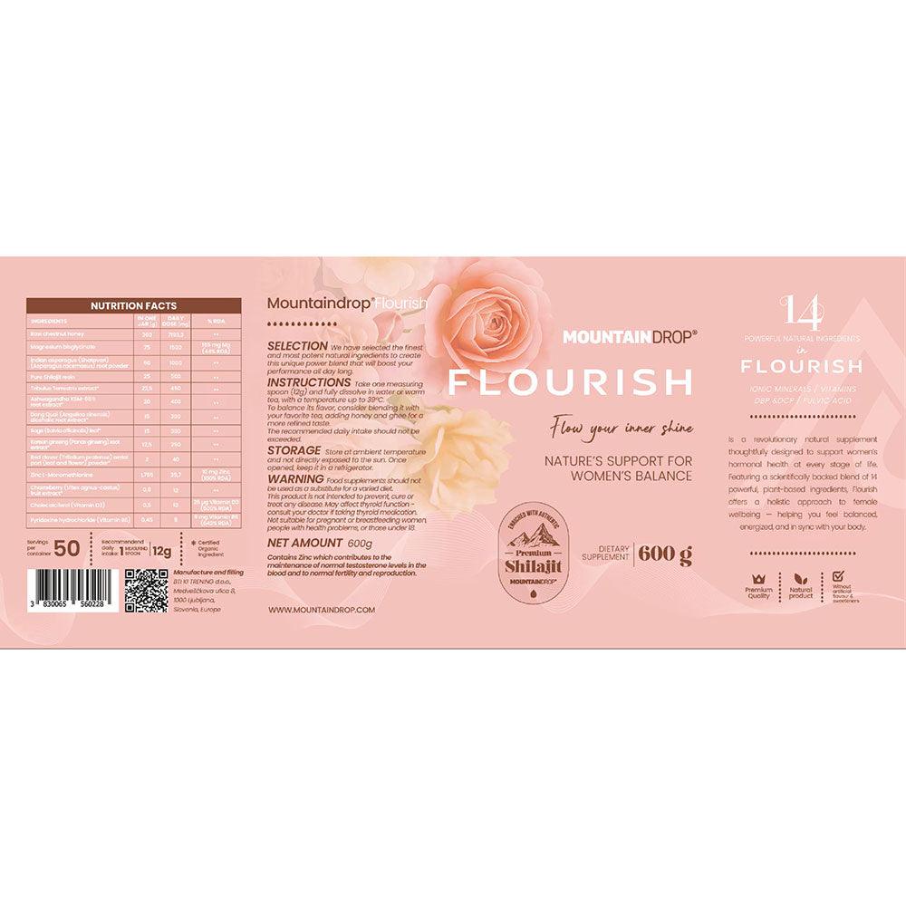 Herbalistas MountainDrop FLOURISH natural Shilajit blend supplement in 600g jar, with herbal ingredients shown in a glass jar.