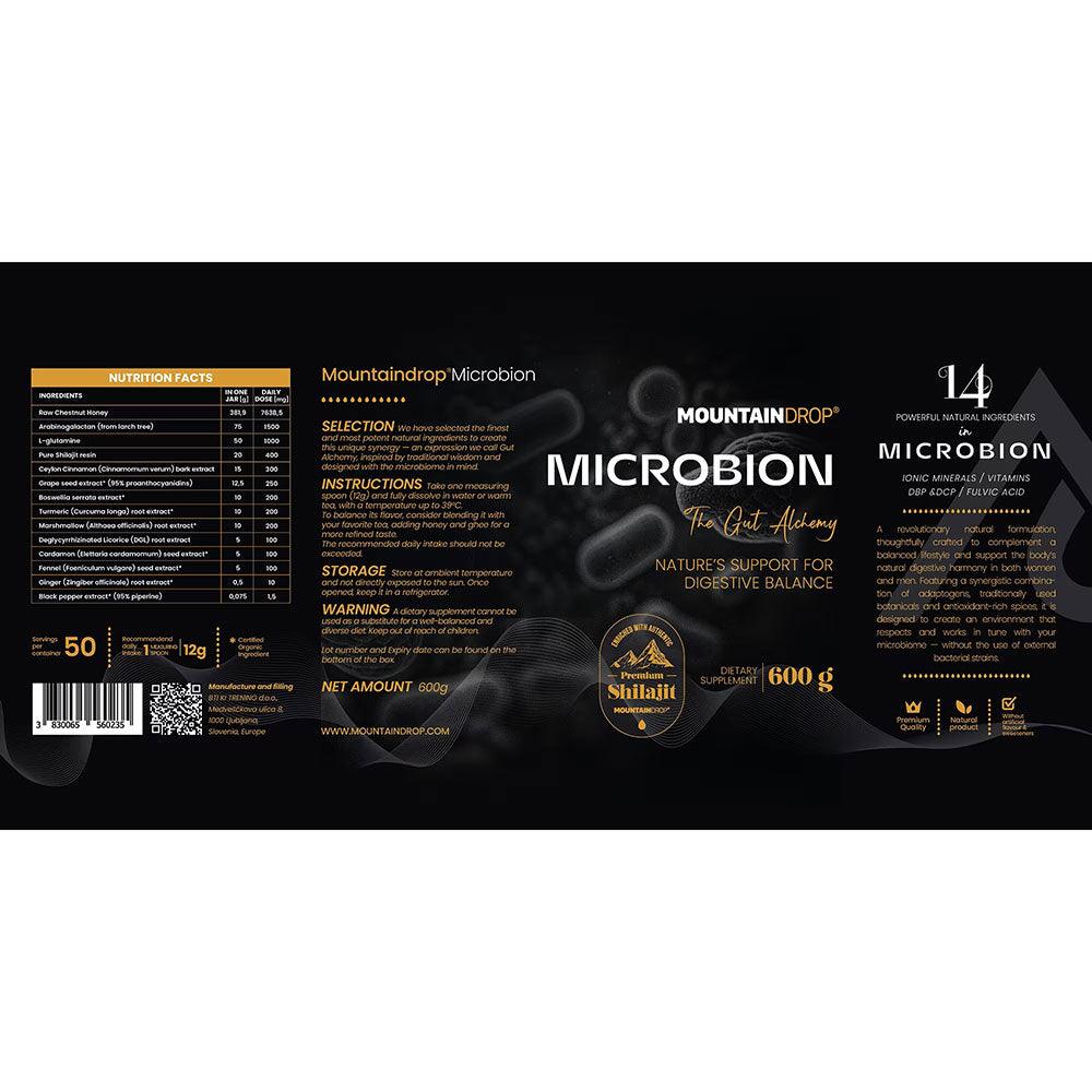 Herbalistas MountainDrop MICROBION supplement label with natural blend for gut health, 600g jar.