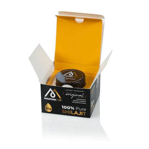 Open box of MountainDrop Herbalistas 100% pure natural Mumijo Shilajit resin, showing the resin inside a 65g container.