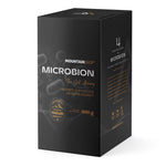 Herbalistas MountainDrop MICROBION supplement box with natural blend for gut health, 600g, featuring white packaging and product label.