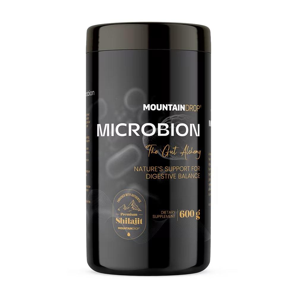 Herbalistas MountainDrop MICROBION supplement jar with natural blend for gut health, 600g container on a white background.