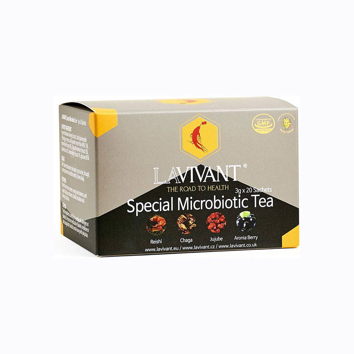 Box of Lavivant Korean Red Ginseng Microbiotic Tea with Reishi, Chaga, Jujube, and Aronia, 20 sachets, in a white box.