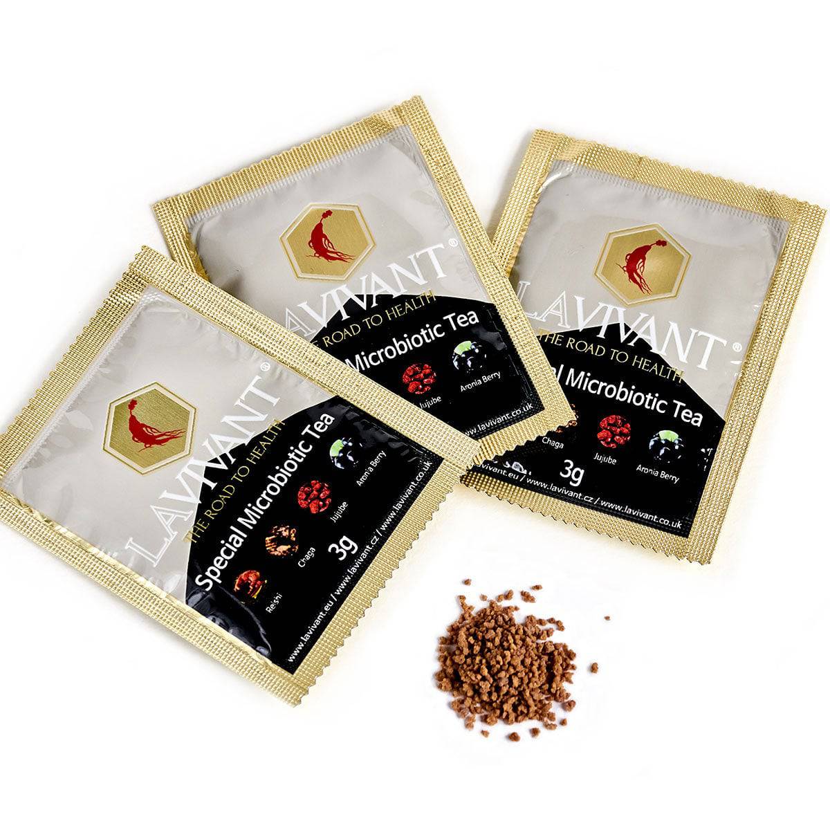 Box of Lavivant Korean Red Ginseng Microbiotic Tea sachets with Reishi, Chaga, Jujube, and Aronia in a wooden box.