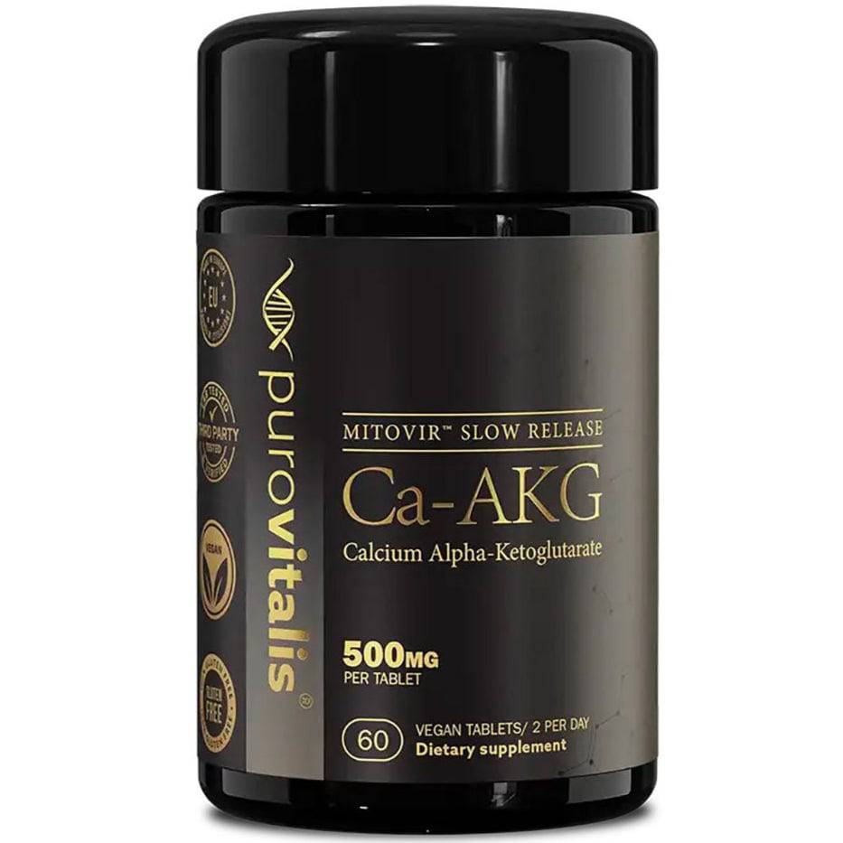 Herbalistas Slow Release Calcium AKG supplement with 60 tablets, featuring white and blue packaging and tablets inside a blister pack.