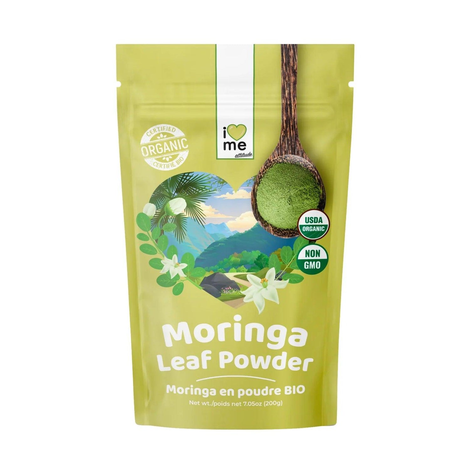 Organic Moringa powder supplement by Herbalistas, 200g jar, showing vibrant green moringa powder in a natural setting.