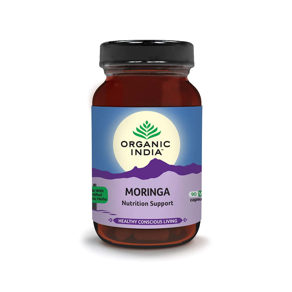 Organic India BIO Moringa 90 capsules bottle with green label and capsules visible inside
