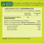 Organic India BIO Tulsi Moringa herbal tea in a box with 25 infusion bags, featuring vibrant tea packaging and loose tea leaves.