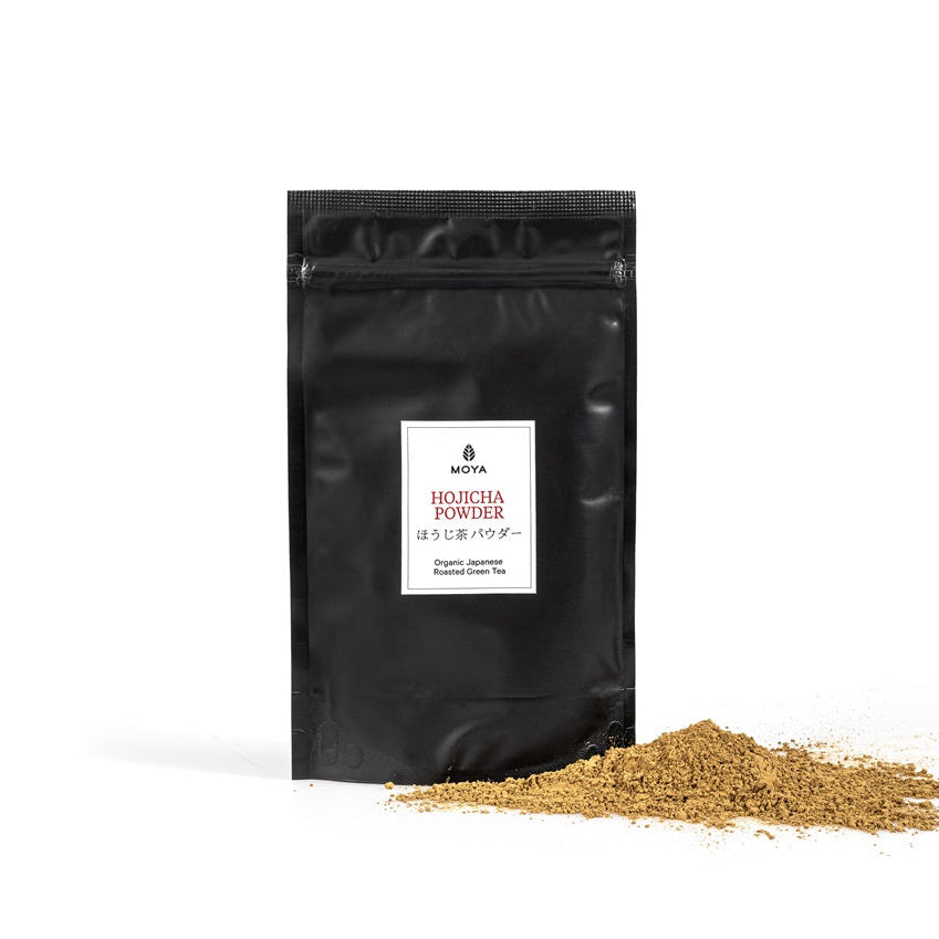 Organic Moya Hojicha Powder by Herbalistas in a 100g bag, showcasing the finely ground roasted green tea powder.