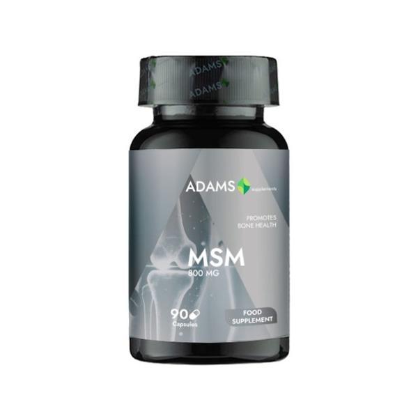 Adams Supplements MSM 800mg supplement in a bottle with 90 capsules, showing the product label and capsules inside.