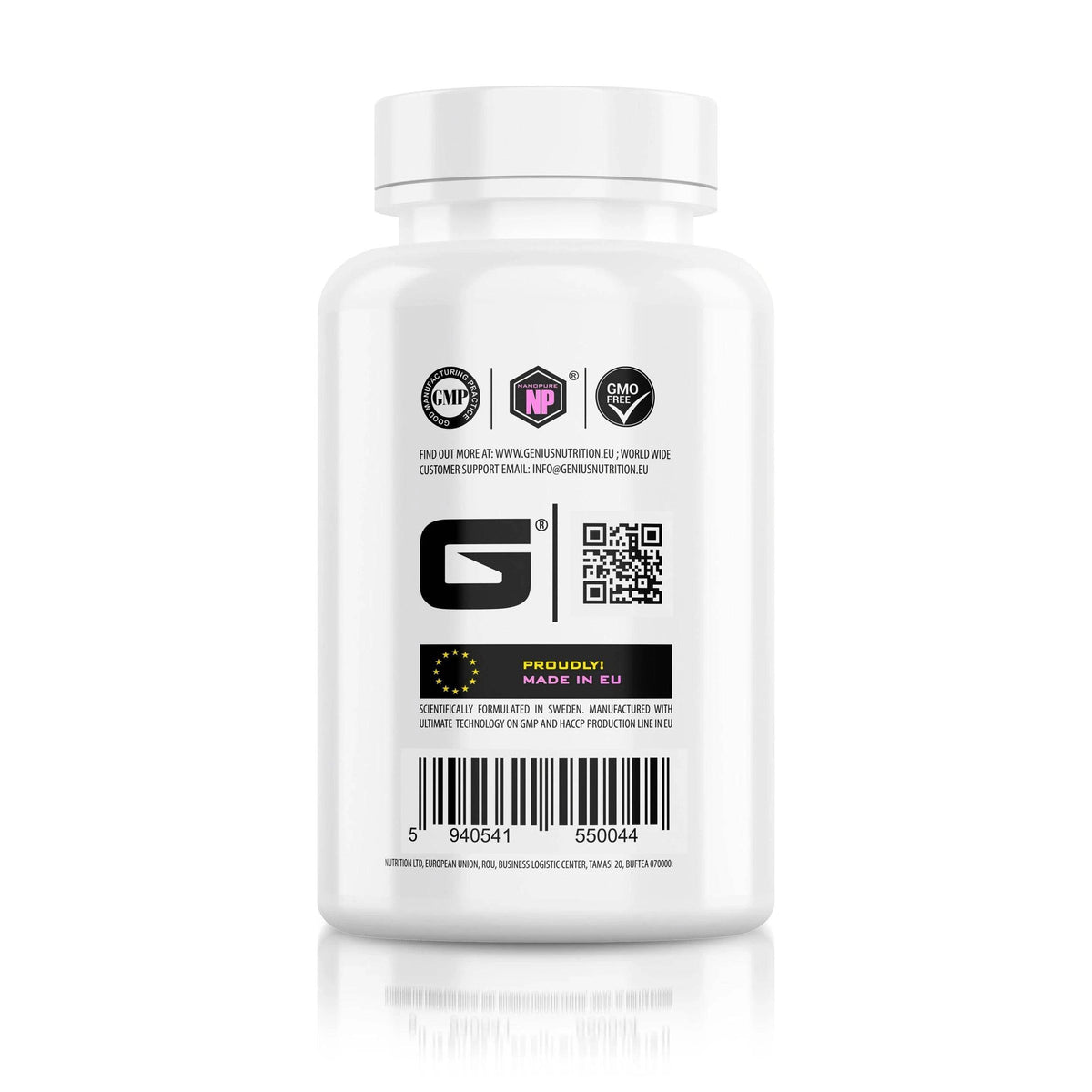 Genius Nutrition MSM supplement bottle with 90 capsules, no flavor, labeled GC-MSMF7, on a white background.