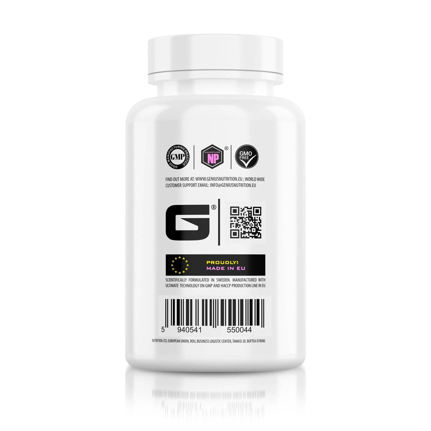 Genius Nutrition MSM supplement bottle with 90 capsules, no flavor, labeled GC-MSMF7, on a white background.