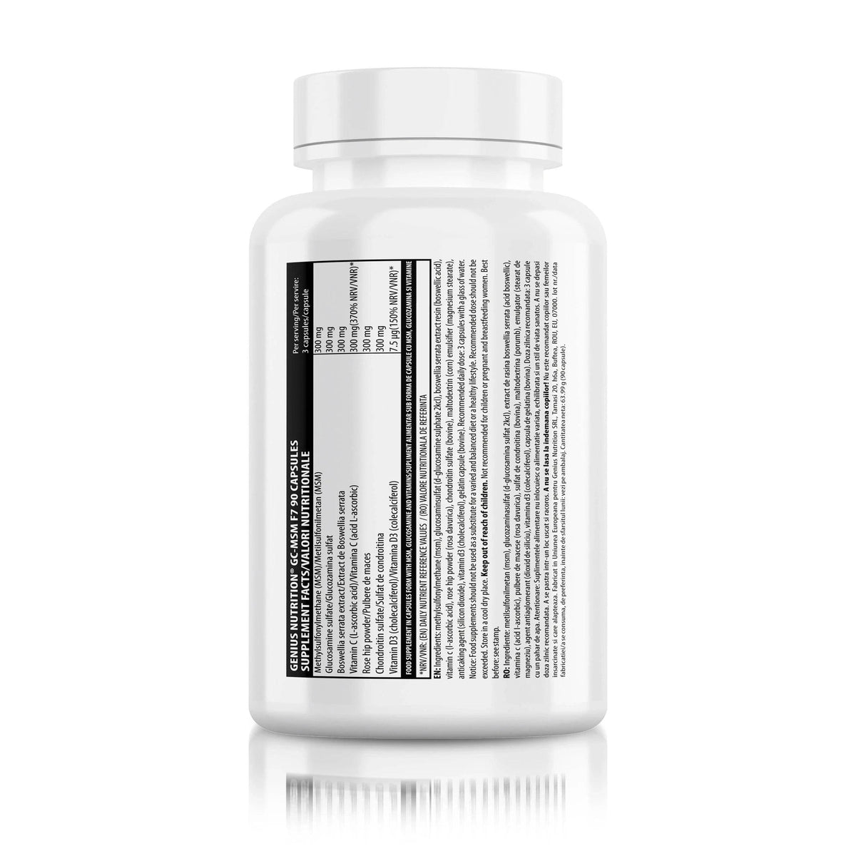 Genius Nutrition MSM supplement bottles with 90 capsules, no flavor, designed for joint and skin health.