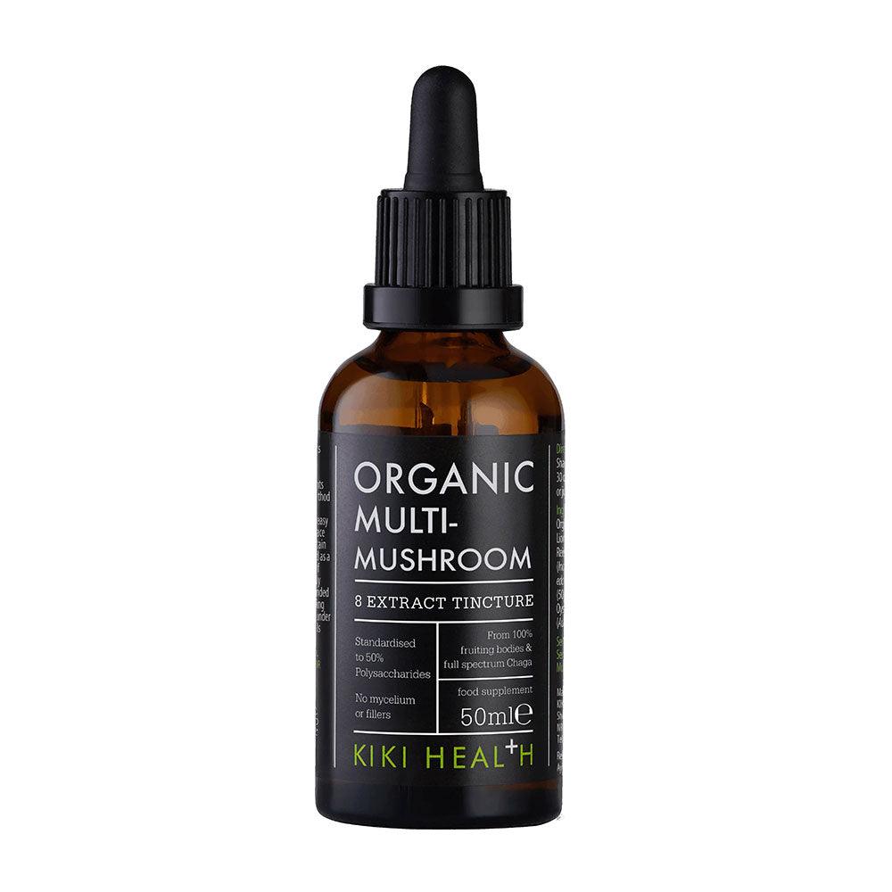 Kiki Health Organic Multi-Mushroom 8 Extract Blend Tincture in a 50ml bottle, herbal supplement for immune support and wellness.