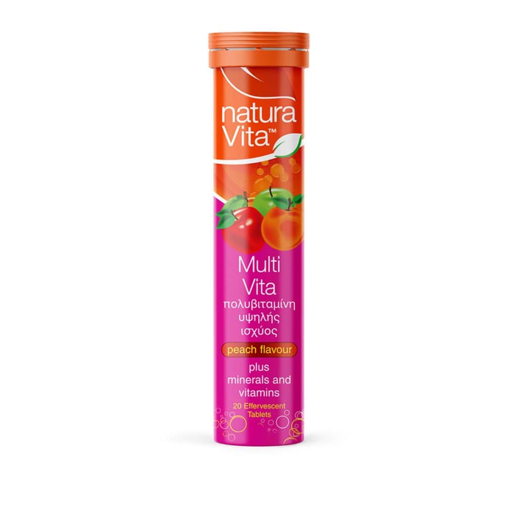 Naturavita Multi Vita Plus Minerals & Vitamins supplement in peach flavor, featuring colorful tablets and packaging.