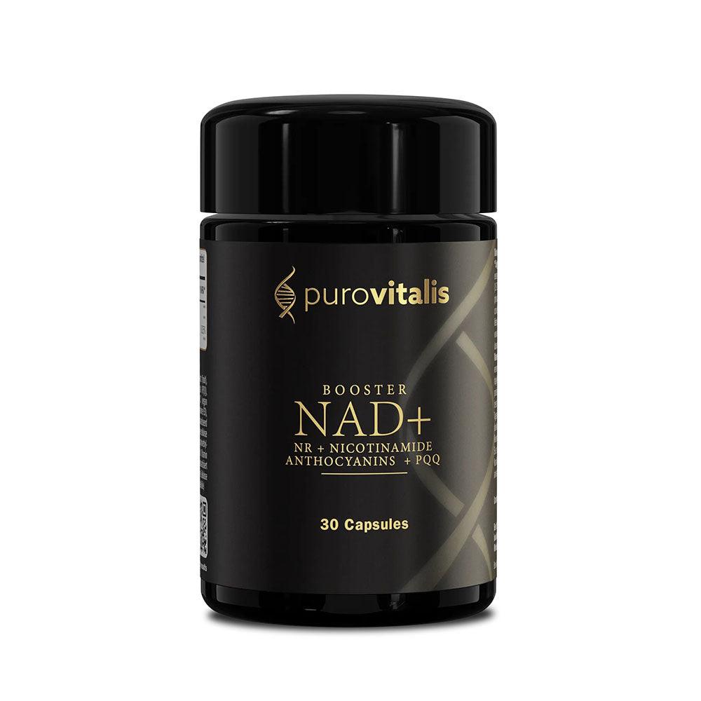 HERBALISTAS Purovitalis NAD+ Booster supplement bottle with 30 capsules for enhanced energy and cellular support.