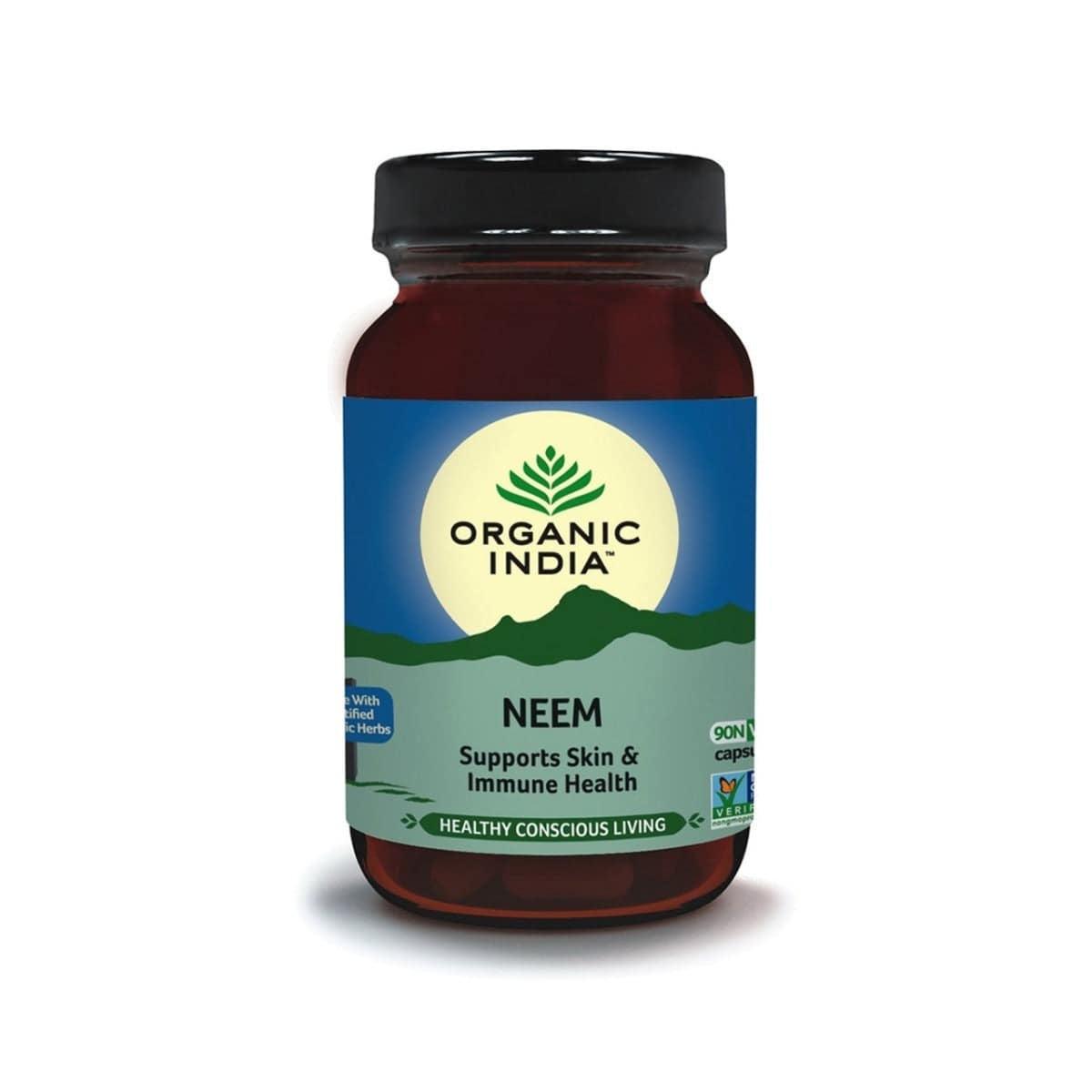 Organic India BIO Neem capsules in a bottle, herbal supplement with 90 capsules, natural Neem product by Herbalistas.