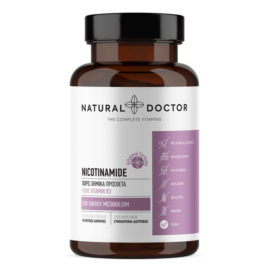 VITAREA Natural Doctor Nicotinamide supplement in a bottle with 90 vegetarian capsules, shown with supplement label and cap.