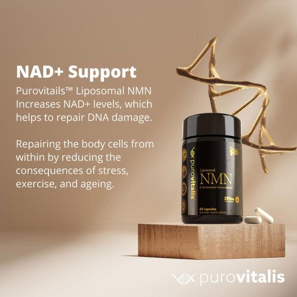 Liposomal NMN supplement capsules by Herbalistas on a wooden plate, showcasing 60 vegan capsules for healthy aging and energy.