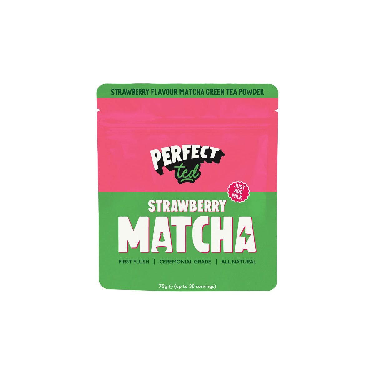Herbalistas PerfectTed ceremonial grade strawberry matcha powder in a 75g jar, vibrant green matcha with fresh strawberry flavor.