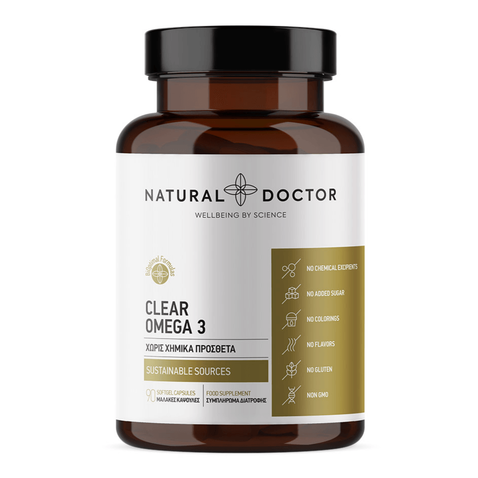VITAREA Natural Doctor Clear Omega 3 supplement bottle with 90 vegetarian capsules on a white background