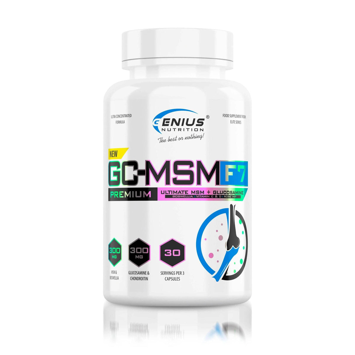 Genius Nutrition GC-MSMF7 supplement bottle with 90 capsules, showing the label and product information on a clean background.