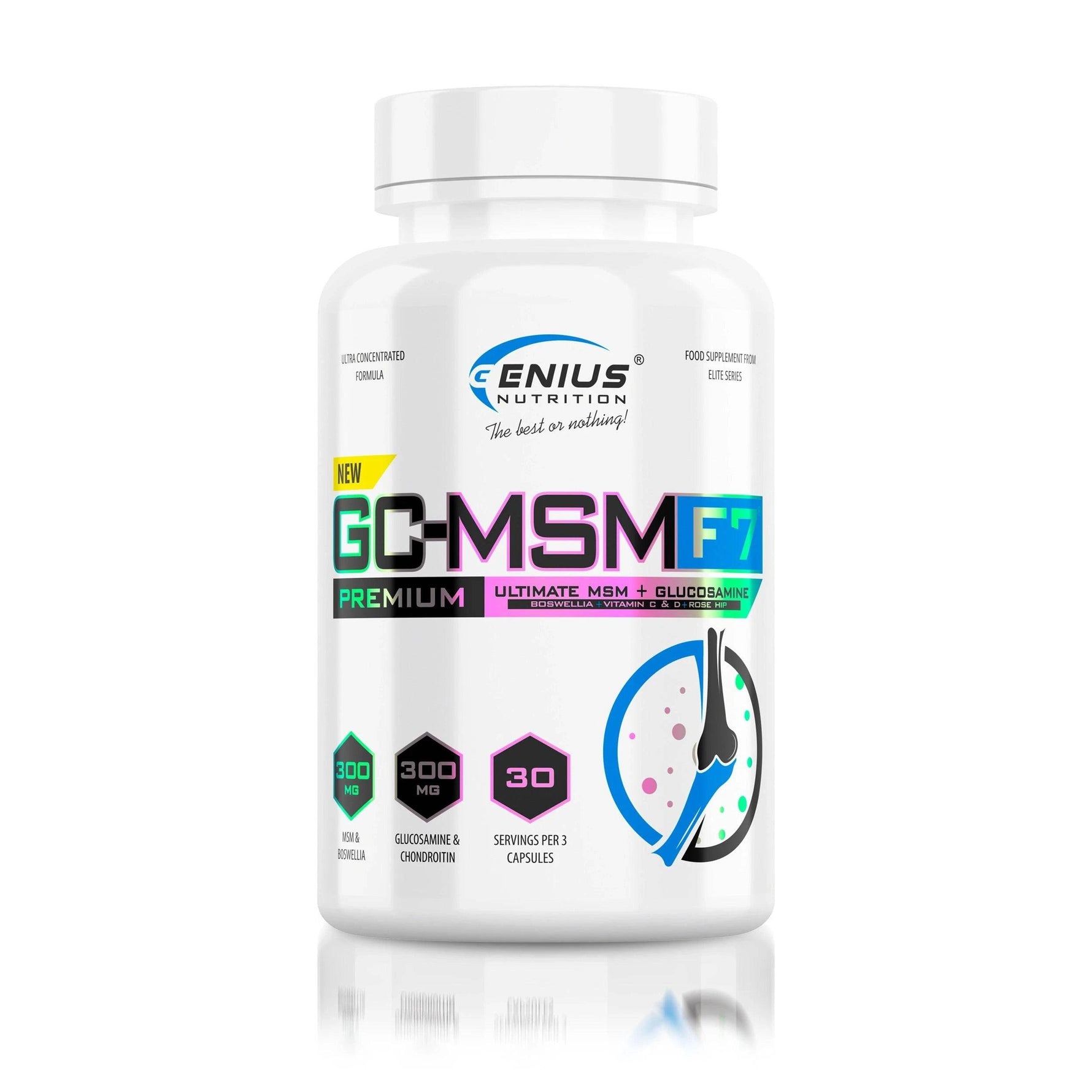 Genius Nutrition GC-MSMF7 supplement bottle with 90 capsules, showing the label and product information on a clean background.