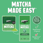 Herbalistas PerfectTed ceremonial grade matcha in 10 Nespresso-compatible capsules, vibrant green powder in sleek capsule packaging.