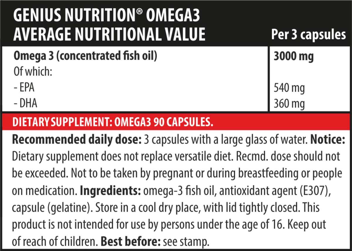 Genius Nutrition Omega-3 supplement with 90 softgels, featuring golden softgel capsules containing fish oil omega-3 fatty acids.