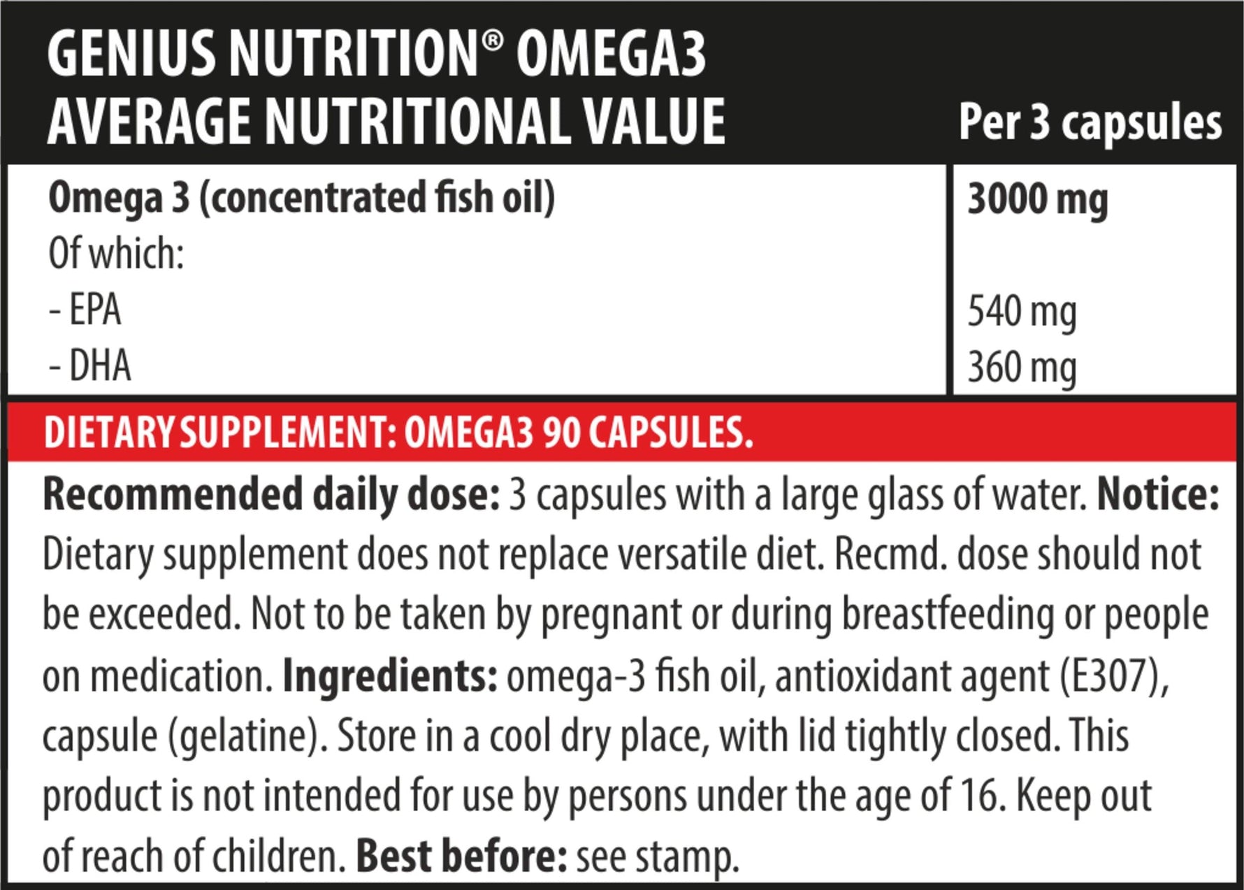 Genius Nutrition Omega-3 supplement with 90 softgels, featuring golden softgel capsules containing fish oil omega-3 fatty acids.
