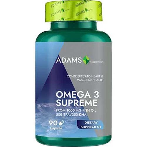 Bottle of Adams Supplements Omega3 Supreme supplement with 90 softgel capsules, featuring 50% EPA and 25% DHA omega-3 fatty acids.