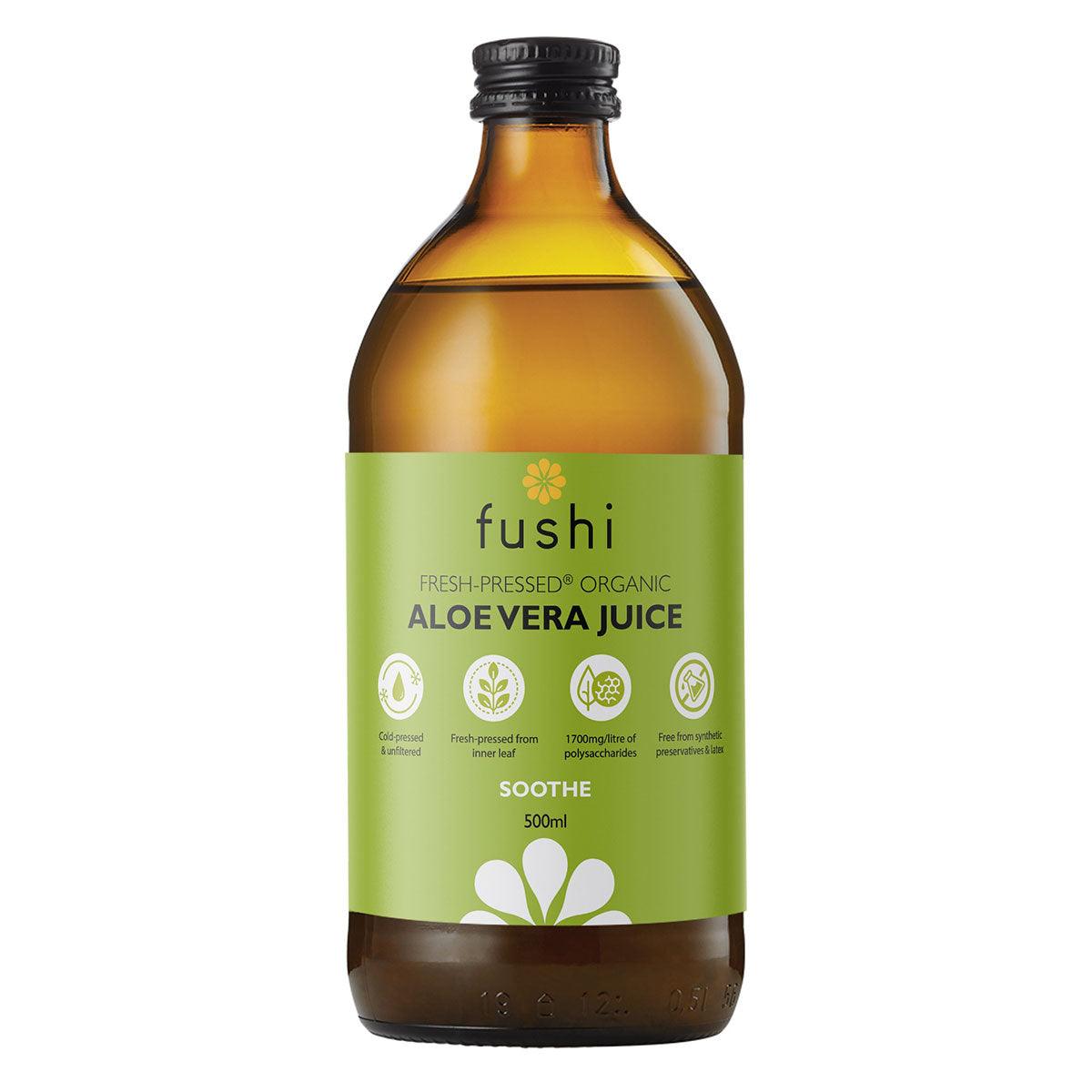 Herbalistas Organic Aloe Vera Juice 500ml in a glass bottle, ideal for making tea or health drinks, with fresh aloe vera leaves visible.