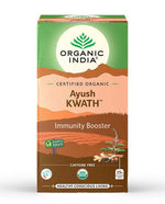 Organic India BIO Tulsi Ayush Kwath Tea in a box of 25 caffeine-free infusion bags, herbal blend for wellness and immunity.