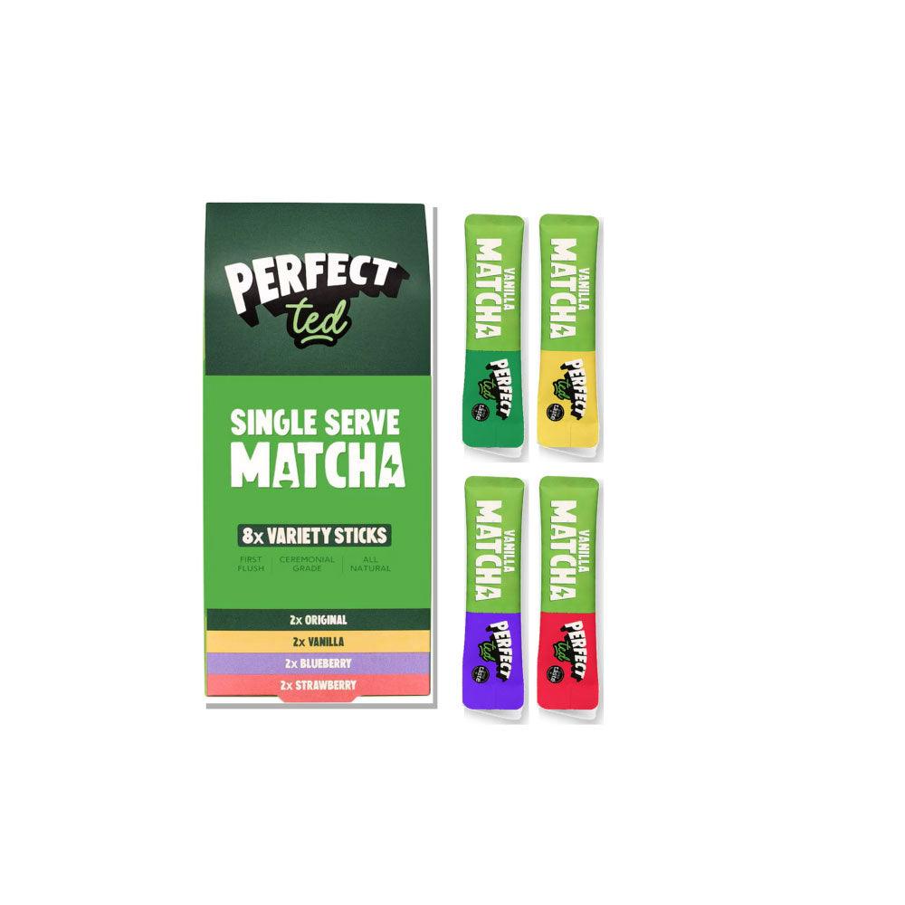 Herbalistas PerfectTed ceremonial grade matcha powder single serve sticks, vibrant green tea powder in individual packets.