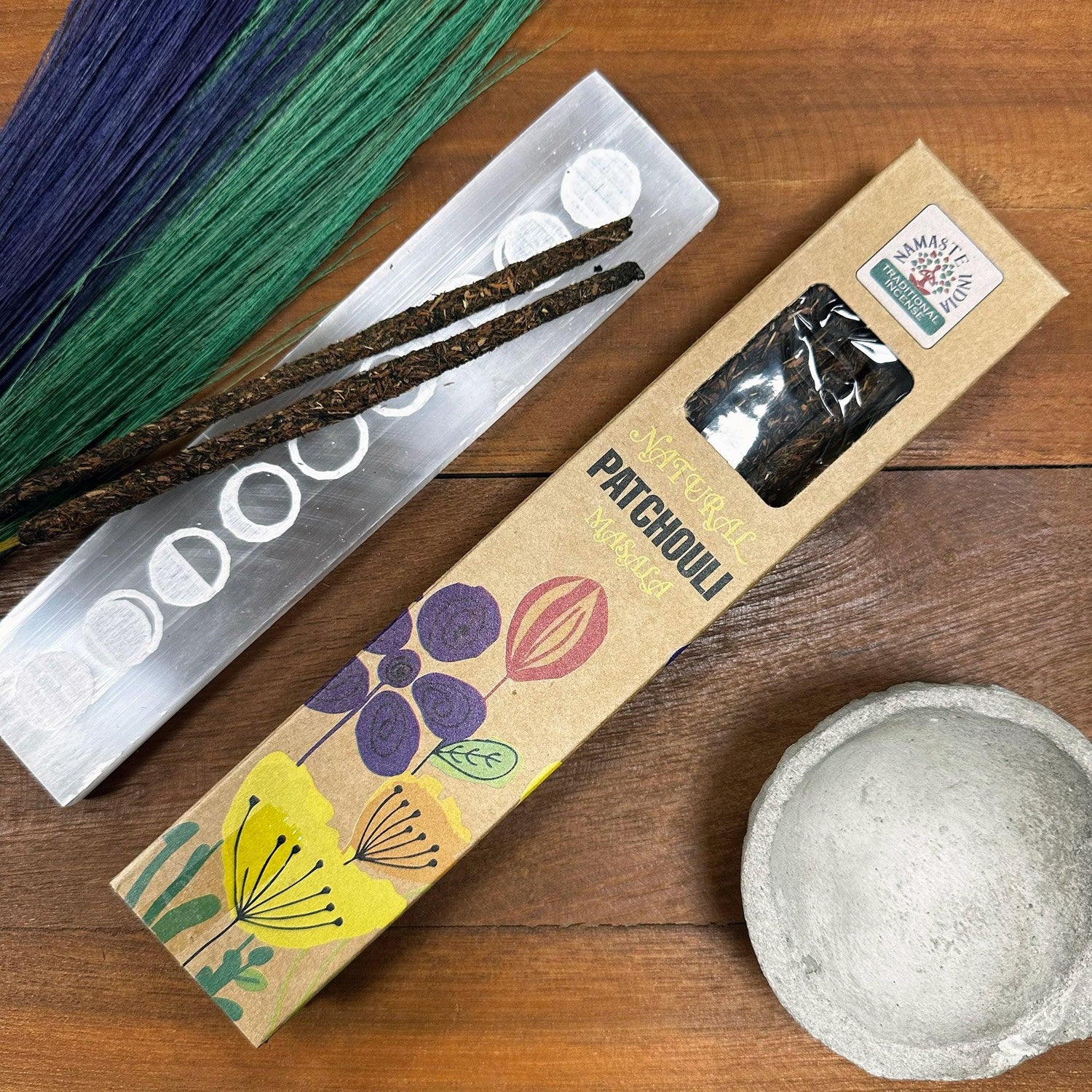 Natural botanical masala incense sticks with patchouli scent, by AW GIFTS, showcased in a simple, eco-friendly packaging.
