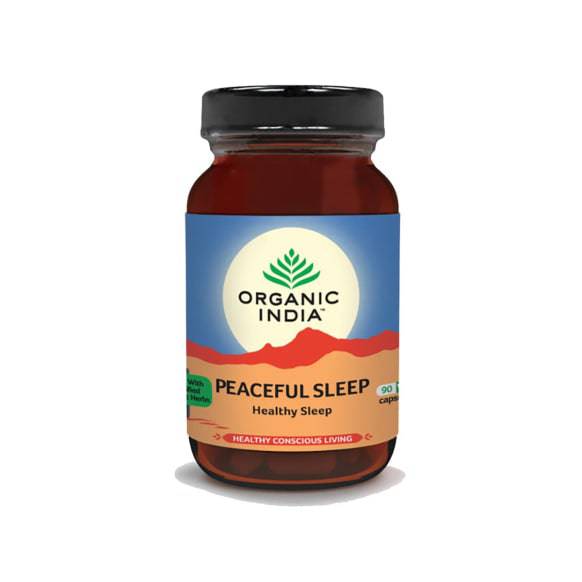 Organic India BIO Peaceful Sleep herbal capsules in a bottle, designed to promote restful sleep and relaxation.