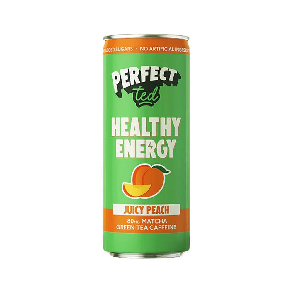 Herbalistas PerfectTed Ceremonial Matcha Energy Drink with Juicy Peach flavor in a 250ml can, vibrant peach imagery.