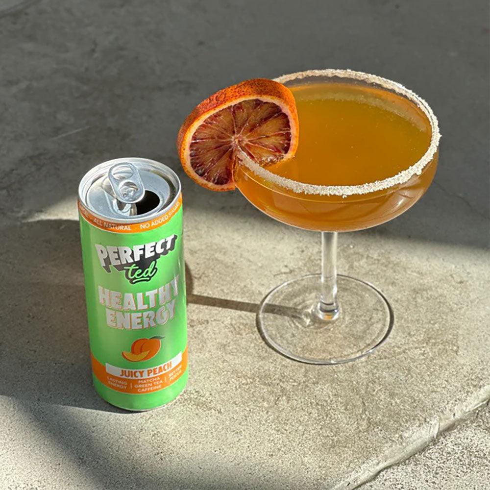 Herbalistas PerfectTed Ceremonial Matcha Energy Drink in Juicy Peach flavor, 250ml, with vibrant peach imagery.