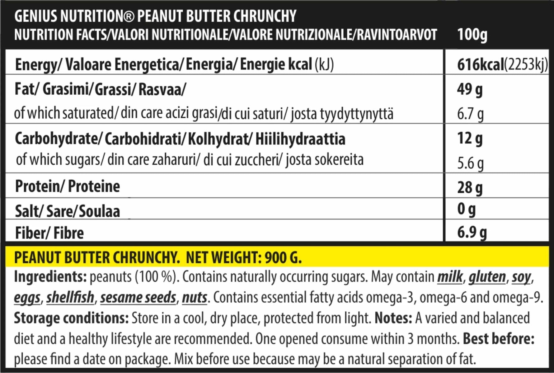 Creamy peanut butter spread from Genius Nutrition, 900g jar, ideal for fitness and healthy snacks.