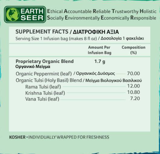 Organic India BIO Tulsi Peppermint Tea infusion bags with fresh peppermint leaves and tulsi herbs, caffeine-free herbal tea.