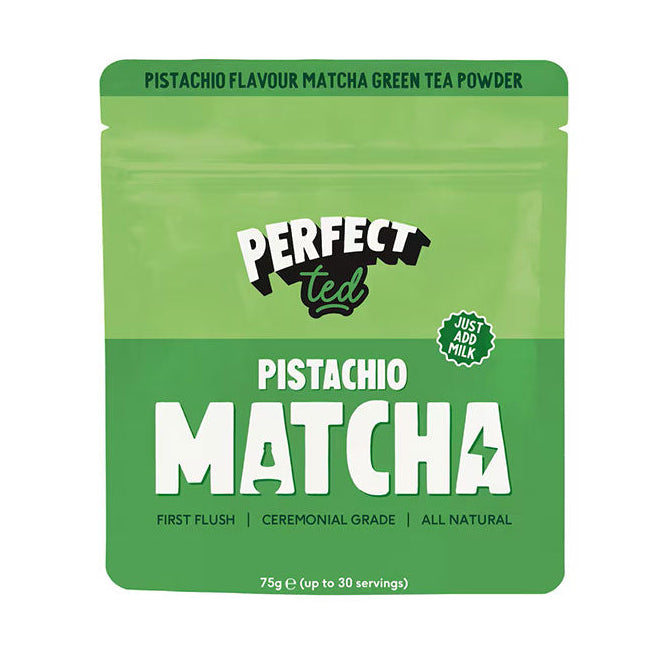 Herbalistas PerfectTed ceremonial grade pistachio matcha powder in a 75g container with vibrant green matcha and pistachio flavor.