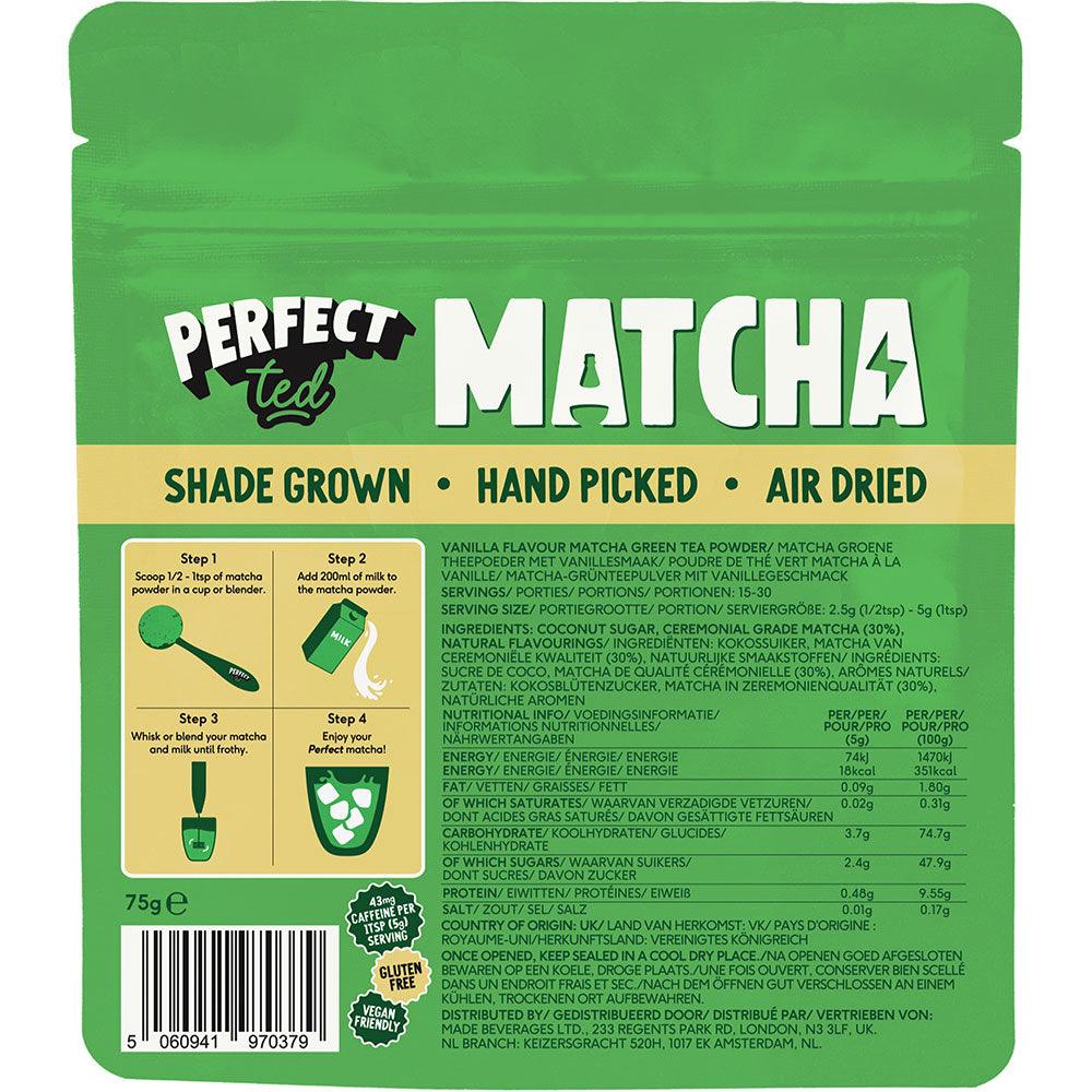 Herbalistas PerfectTed ceremonial grade vanilla matcha powder in a 75g pouch, showcasing vibrant green matcha powder.