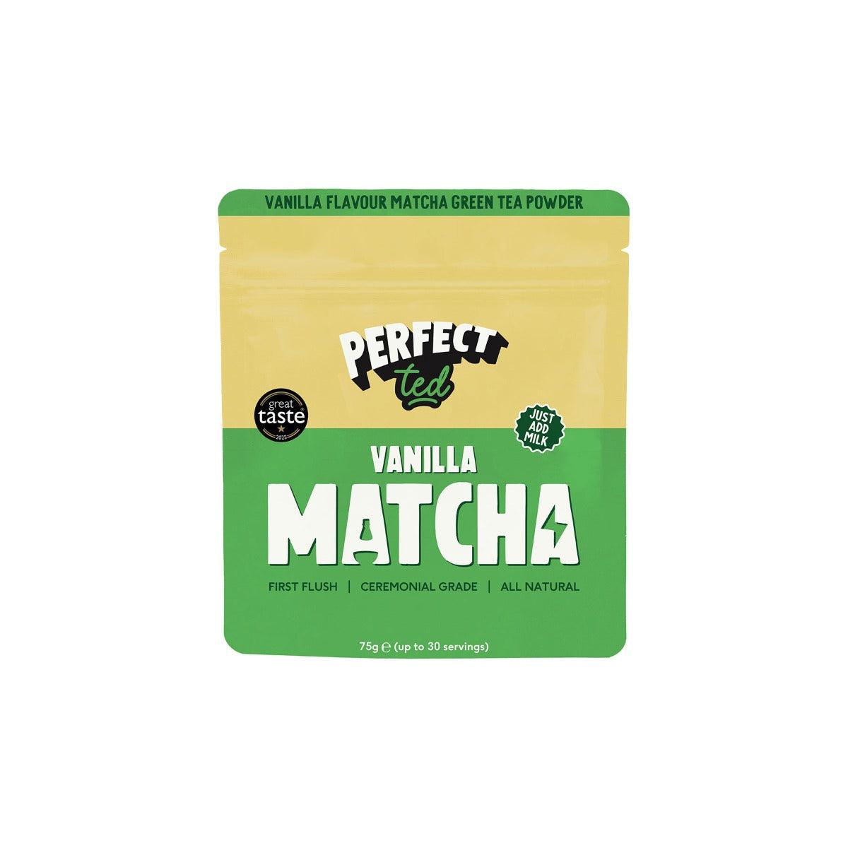 Herbalistas PerfectTed ceremonial grade vanilla matcha powder in a 75g pouch with front and back views.
