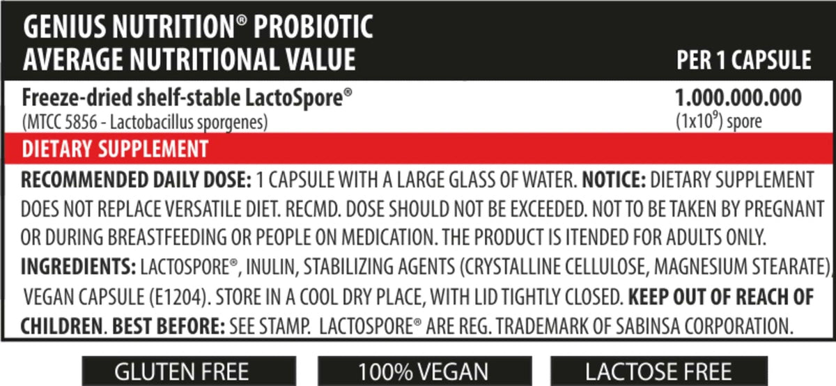 Genius Nutrition probiotic supplement bottle with 60 capsules, displaying the label and product packaging.