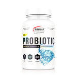 Genius Nutrition probiotic supplement bottle with 60 capsules, showing the label and product packaging.