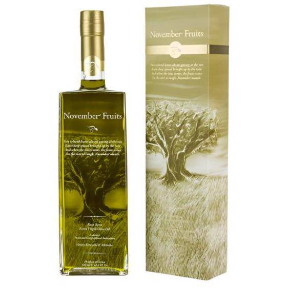 Bottle of Elixir Flavours Virgin Olive Oil PGI Laconia with a label showing olive branch illustration and branding.
