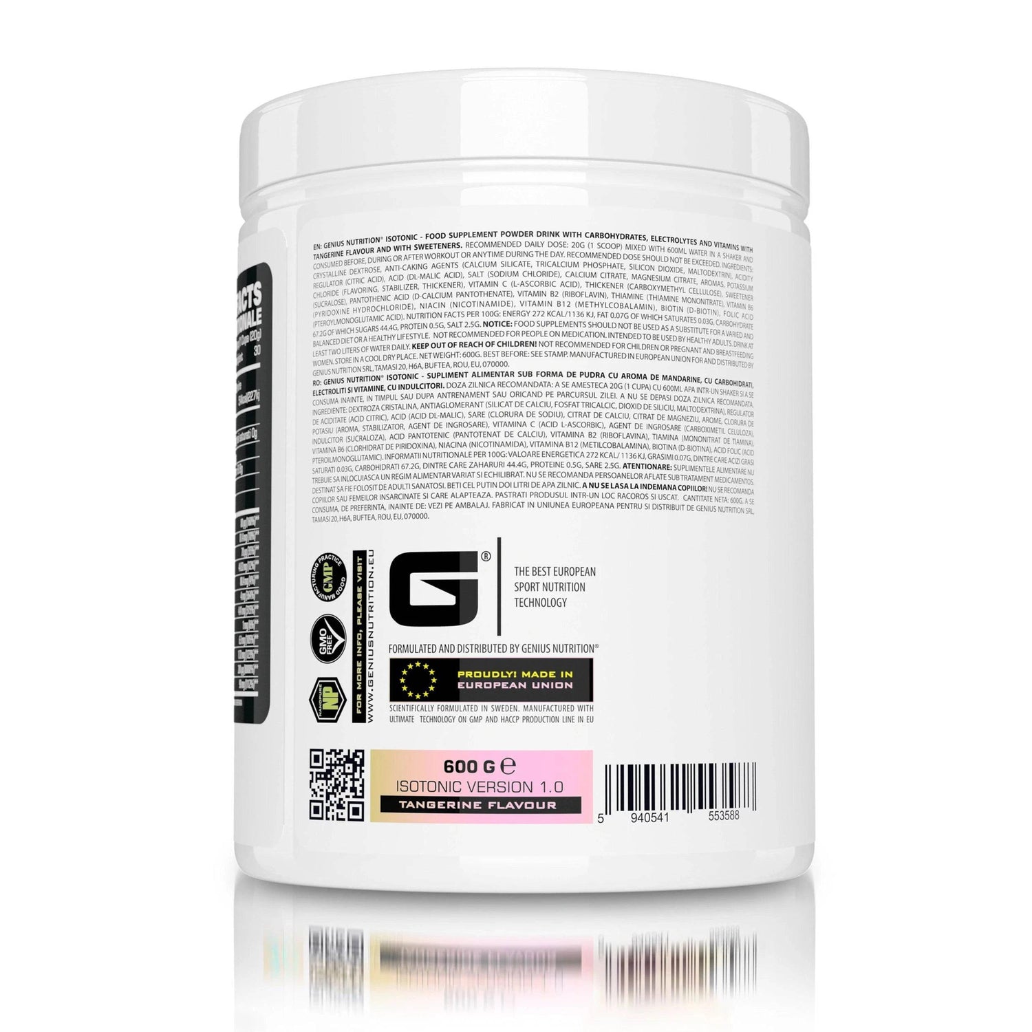 Genius Nutrition Isotonic 600g supplement in tangerine flavor, shown with protein pancake and nutrition facts on packaging.